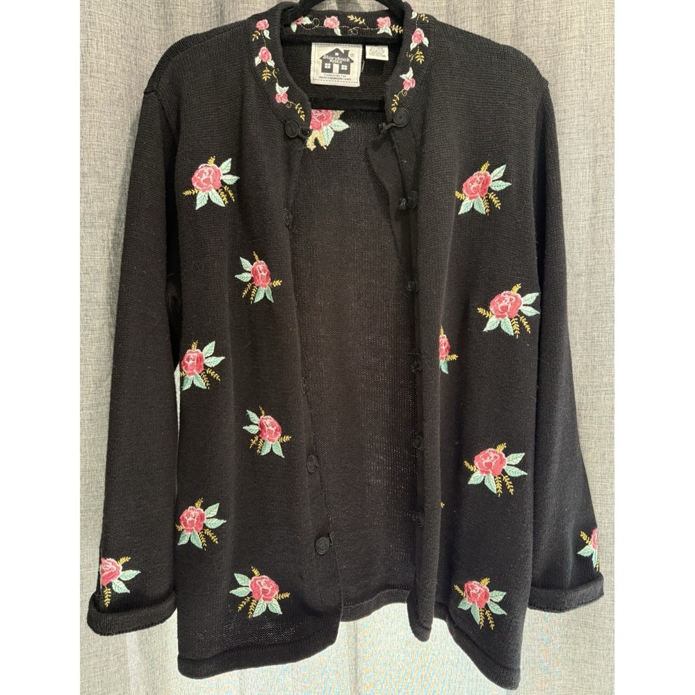 Storybook Knits Floral Button Up Cardigan Sweater Woman's Size M Embroidered EUC